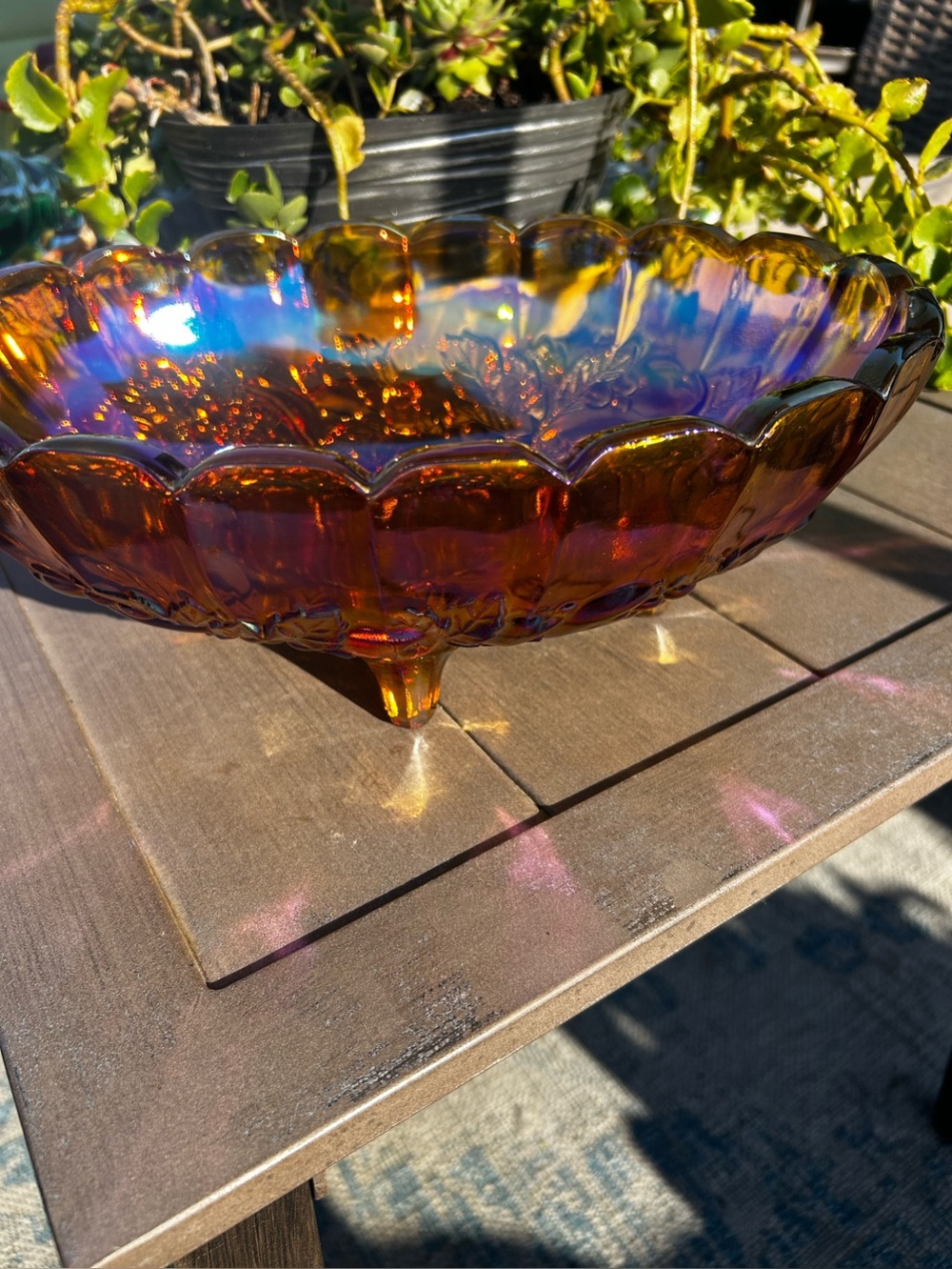Harvest Grape Iridescent Gold Carnival Glass Footed Oval Bowl 12x8x4.5"